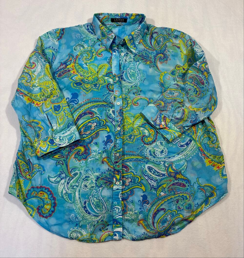 Lauren Ralph Lauren Paisley Blouse Turquoise Blue 3/4 Sleeve Plus Size 2X